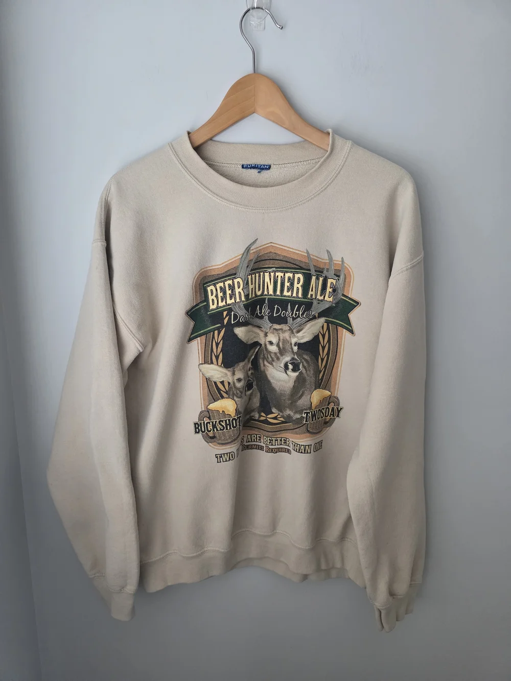 Puritan Beer Hunter Ale Graphic Sweatshirt Beige Crewneck Deer Print Vintage Sty - Picture 2 of 10